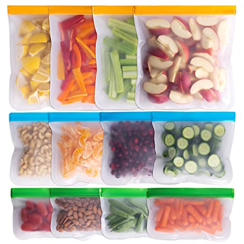 Greenzla Reusable Food Storage Bags – 12 Pack BPA FREE Freezer Bags (4 Reusable Gallon Bags & 4 Reusable Sandwich Bags & 4 Reusable Snack Bags), EXTRA THICK & Leakproof Reusable Lunch Bags for Food