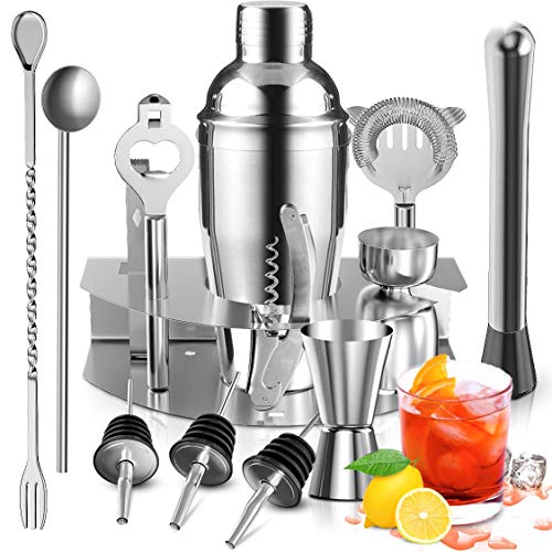 Cocktail Shaker Bar Tools Set Cocktail Making Set Stainless Steel Bar Accessories Drink Mixer Martini Shaker with Strainer Double Jigger Bar Spoon Pour Spouts Ice Tongs Bartender Kit Gifts (14)