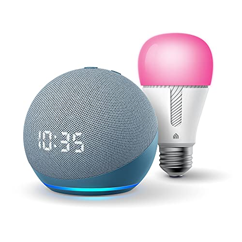 Echo Dot (4th Gen) | Smart speaker with clock and Alexa | Twilight Blue with TP-Link Color Bulb
