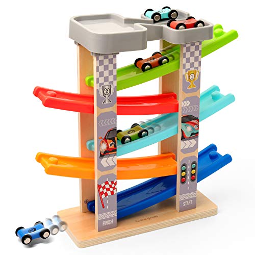 Coogam Wooden Race Track Car Ramp Toy for Toddler, Color Vehicle Construction Set with 5 Mini Racer Cars, Fine Motor Skill Montessori Building Learning Toys Gift for 3 4 5 Years Old Baby Kids