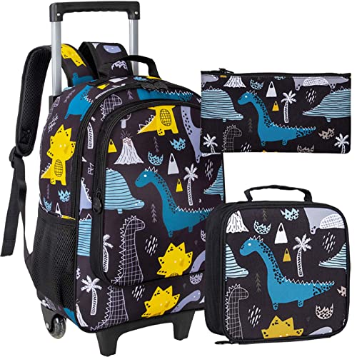 Kids Rolling Backpack , Roller Wheels Boys Bookbag - Wheeled Suitcase Elementary School Bag - 3PCS Dinosaur
