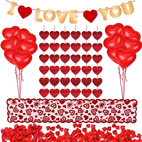 Valentines Day Decorations Kit 1000 Pcs Red Rose Petals 10 Pcs Heart Balloons 6 PCS Heart Garland I Love You Felt Garland Banner Table Runner for Valentines Day Decor Wedding Anniversary Engagement