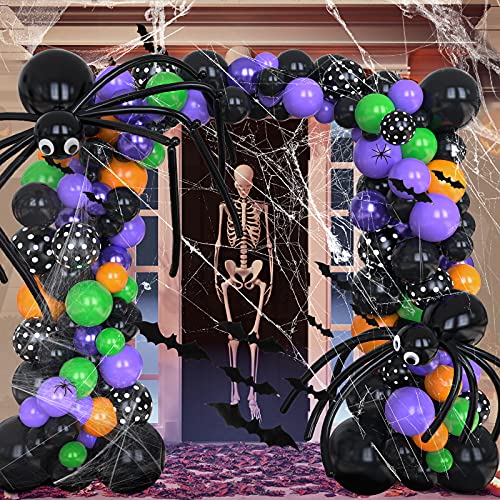 Ecoofor Halloween Balloon Garland Arch Kit 152 Pieces include Spider Web, Black Orange Green Purple Balloons, Long Balloons, 3D Bat Decorations for Halloween Party