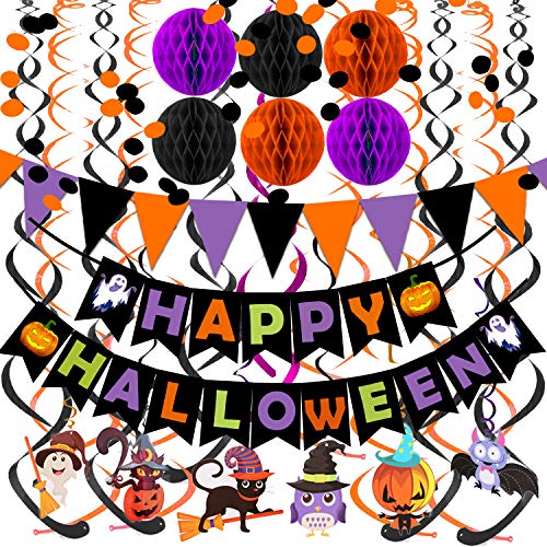 FECEDY Happy Halloween Banner Paper Triangle Flag Bunting Circle Confetti Dots Hanging Garland Honeycomb Ball Swirl Streamers for Halloween Party Decorations