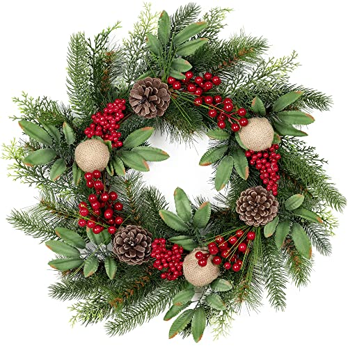 Christmas-Wreath for Front Door, Handcrafted Farmhouse Wreath with Variant Red Berry & Evergreen Leaf, Rattan Base Christmas-Decor, Christmas Decorations for Indoor & Outdoor Use- No Light