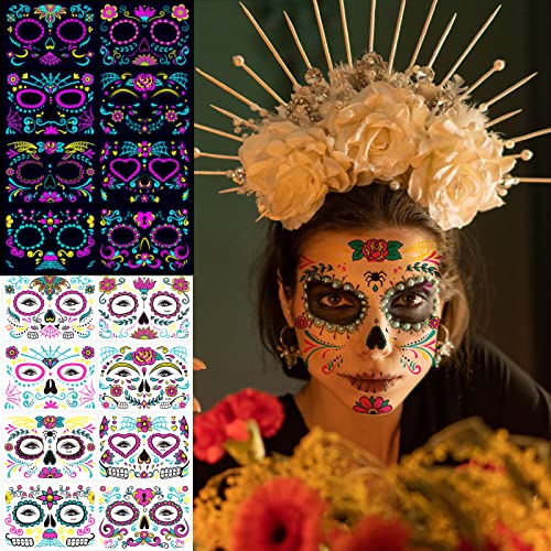 Halloween Glow in the Dark Temporary Tattoo Stickers 8 Sheets Day of the Dead Decoration Glow in the Dark, Sugar Skull Face Sticker Makeup Suitable for Men and Women Children Halloween Party Decoration Accessory, Waterproof 3D Face Tattoo