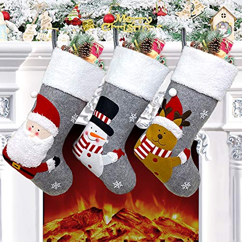 Christmas Stocking Set of 3, 18' Large Xmas Stockings Decorations, Santa Snowman Reindeer Xmas Character for Family Holiday Decorations, Christmas Hanging Stockings Socks for Christmas Tree Fireplace
